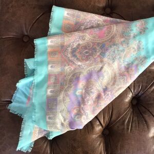 The Specialty House Vintage Italian Paisley Pastel Square Scarf Fringe Pink Blue